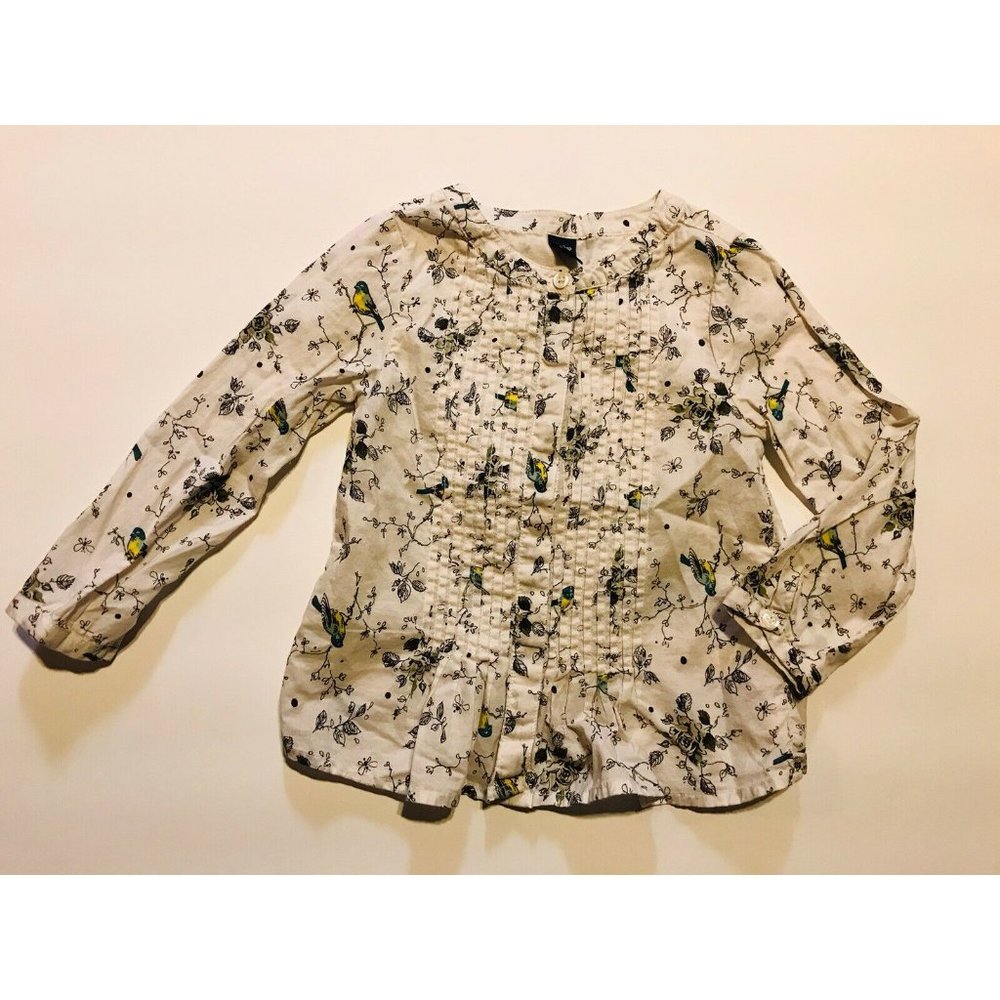 Baby Gap Girls Shirt Tunic Top Blouse White Bird Pattern Size 4 Years